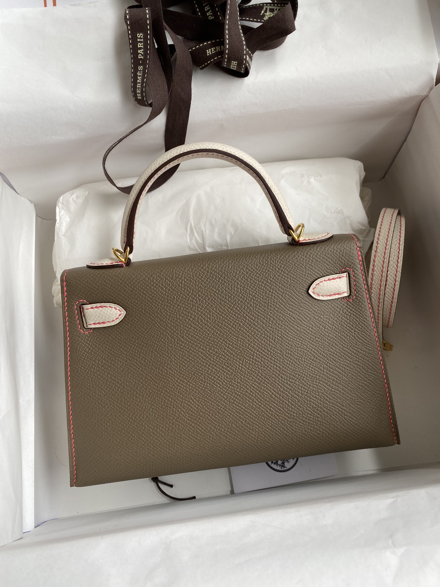 Hermes Kelly Mini II Bag 19CM In Khaki White Epsom Leather